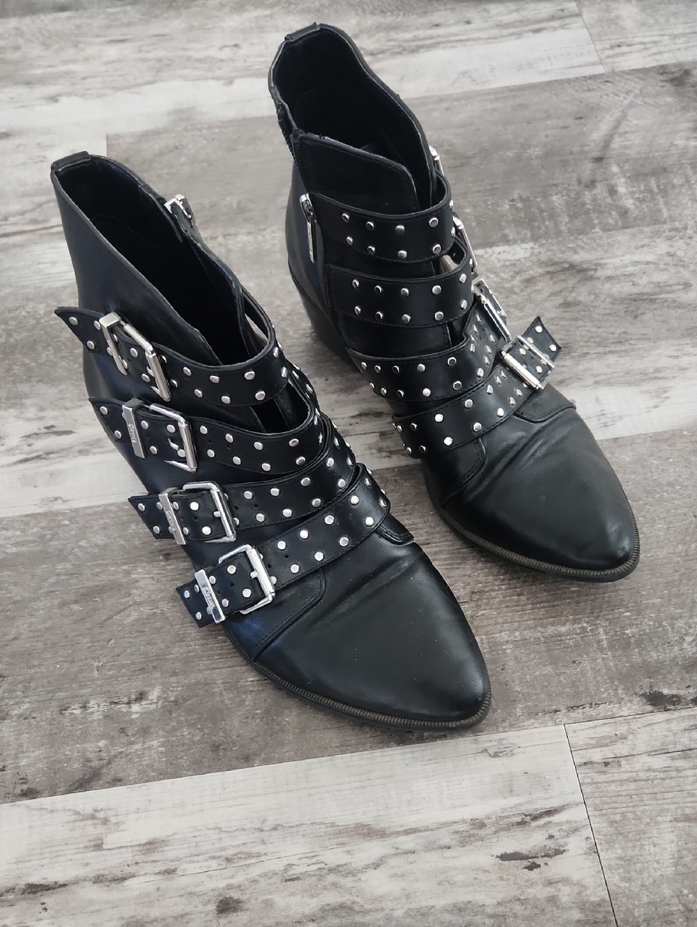 Circus by Sam Edelman Black Pointed Ankle Boots with Studded Buckle Straps